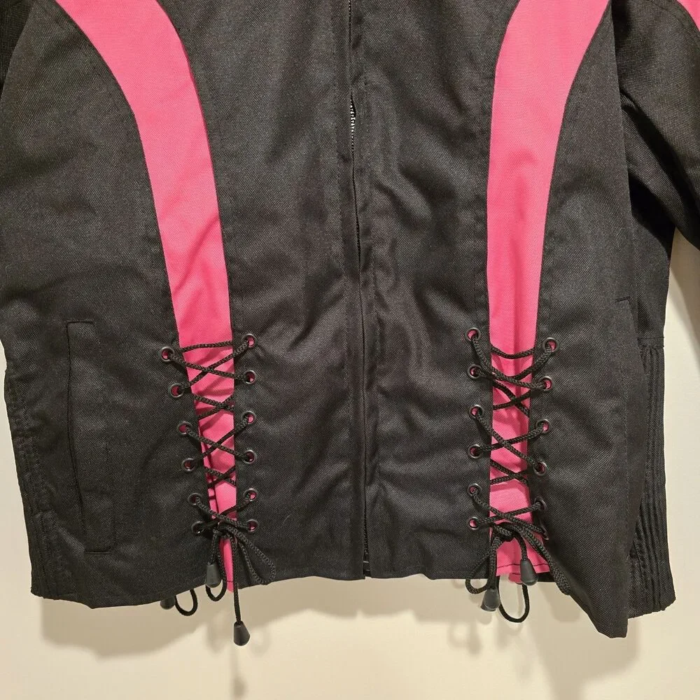 I-K Textiles Motorcycle Jacket XL Womens Black Pink Full Zip Biker Moto Y2K